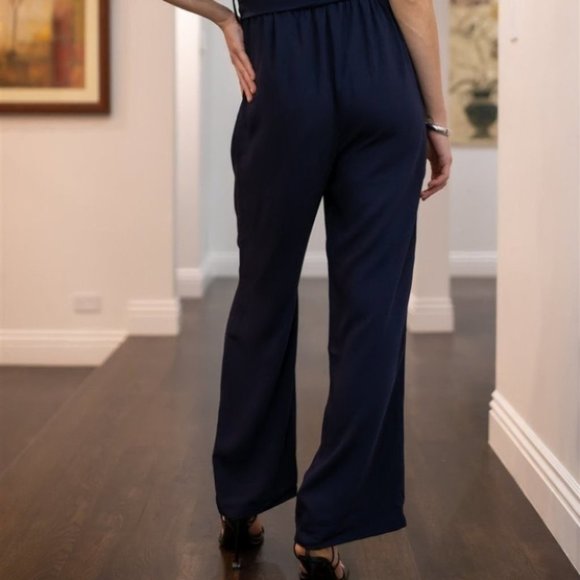Navy Notched Collar Self-Tie Belted Cut-Out Back Detail Wide Leg Jumpsuit - Picture 5 of 6